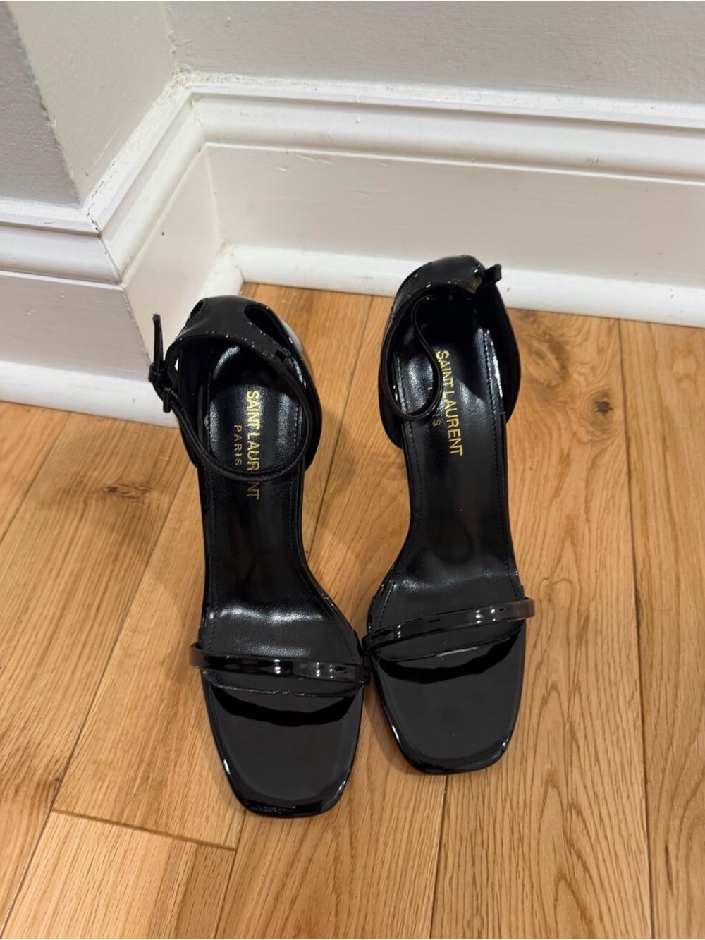 Saint Laurent Black Patent Sandal with Gold YSL Logo Heel - Picture 9 of 11